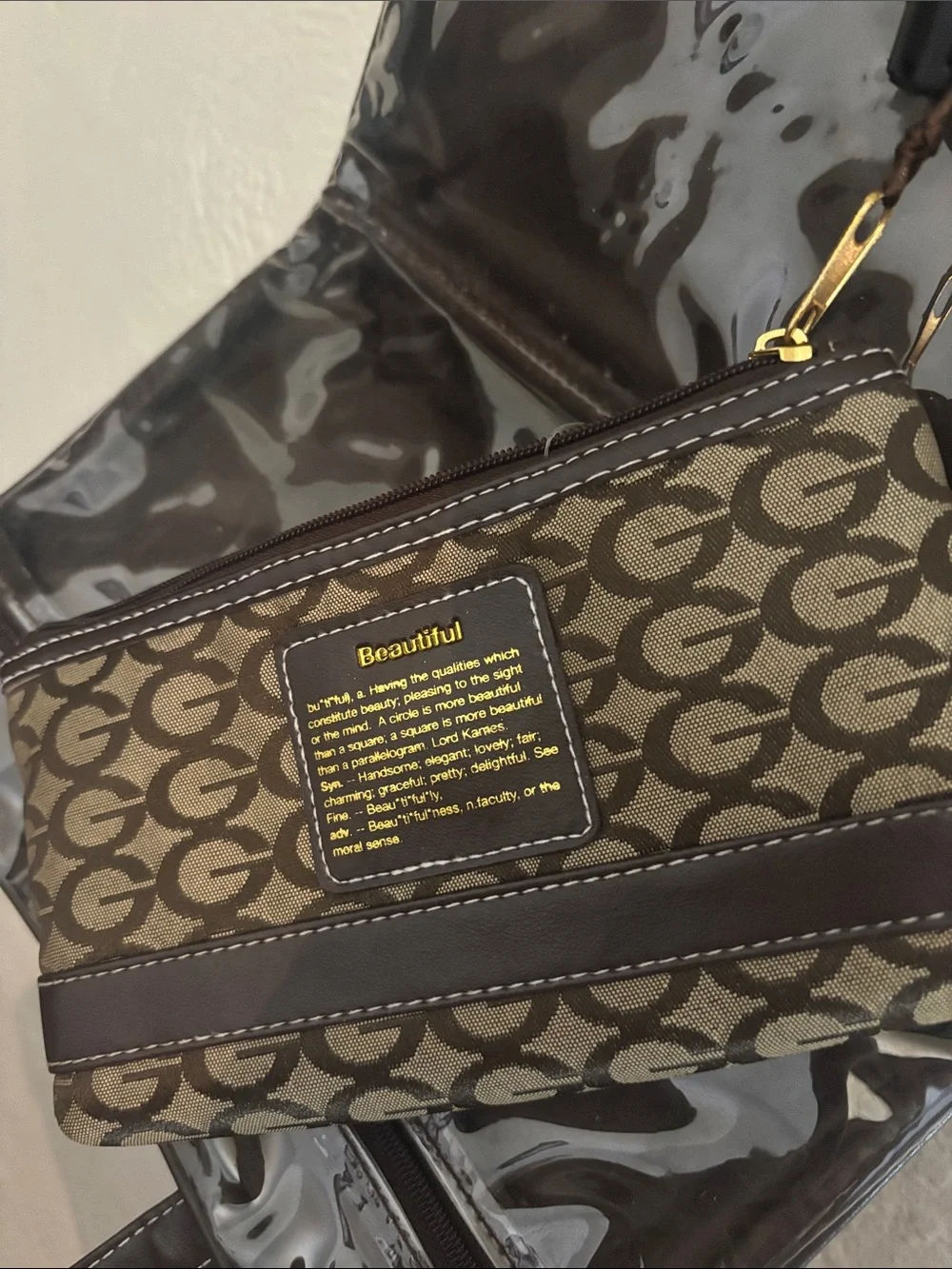 Men's Patterned Brown Tote Bag with Dark Brown Trim